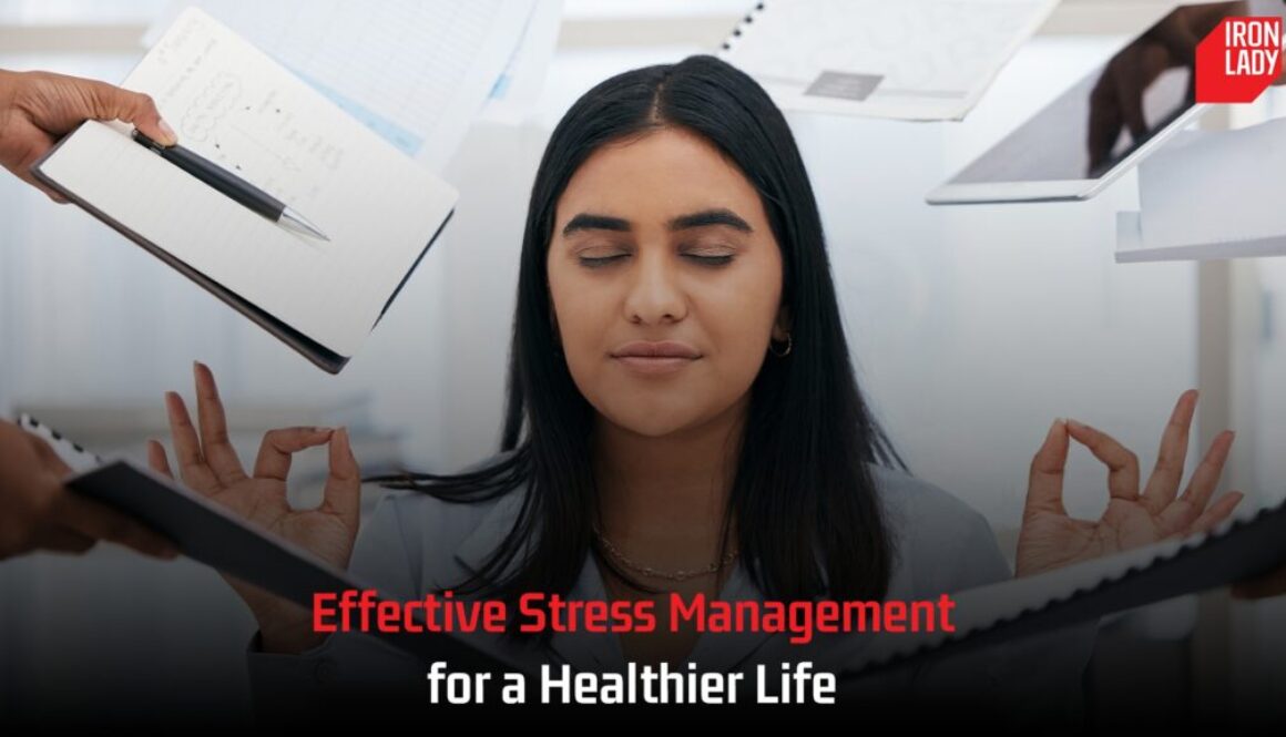 A woman meditating calmly with her eyes closed, surrounded by hands holding notebooks and papers, symbolizing effective stress management in a hectic environment, with the Iron Lady logo in the corner.”