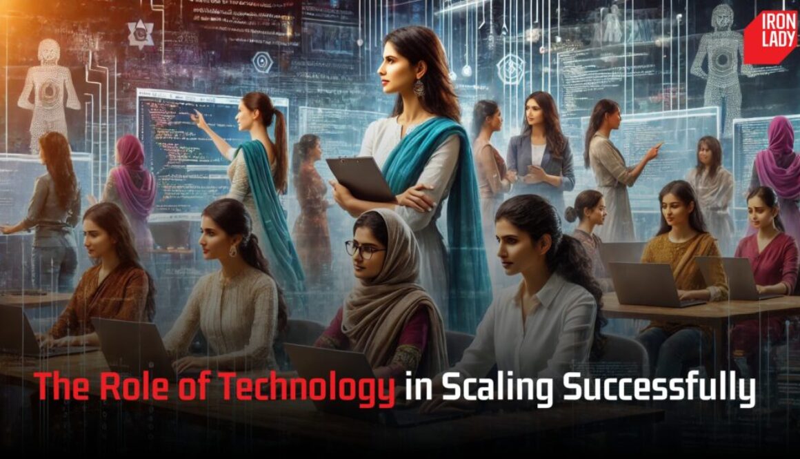 Women working with laptops and technology, surrounded by digital data and coding visuals, emphasizing the role of technology in scaling businesses successfully, with the Iron Lady logo in the corner.