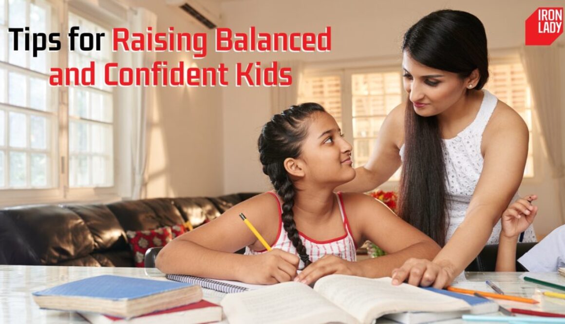 A mother guiding her daughter with schoolwork, symbolizing balanced parenting and confidence-building, with the Iron Lady logo in the corner.