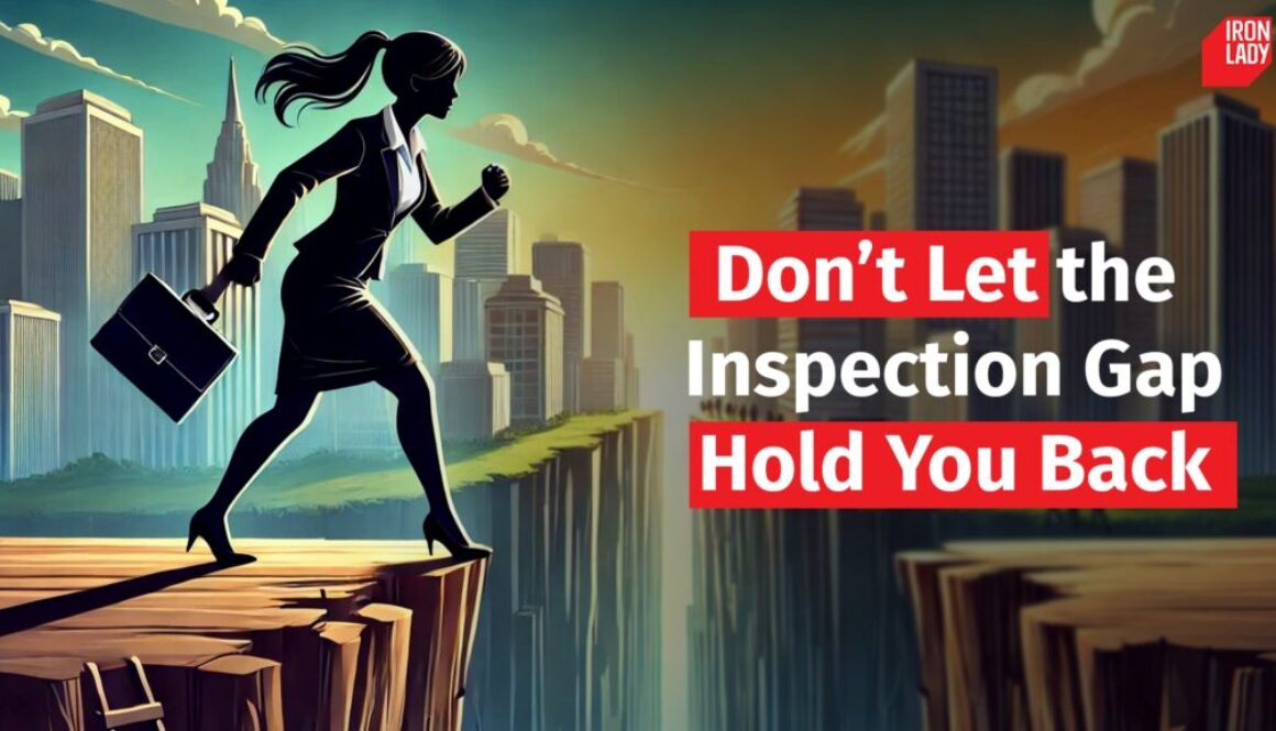 Silhouette of a professional woman holding a briefcase, stepping toward the edge of a cliff with a gap between cliffs and a city skyline in the background.