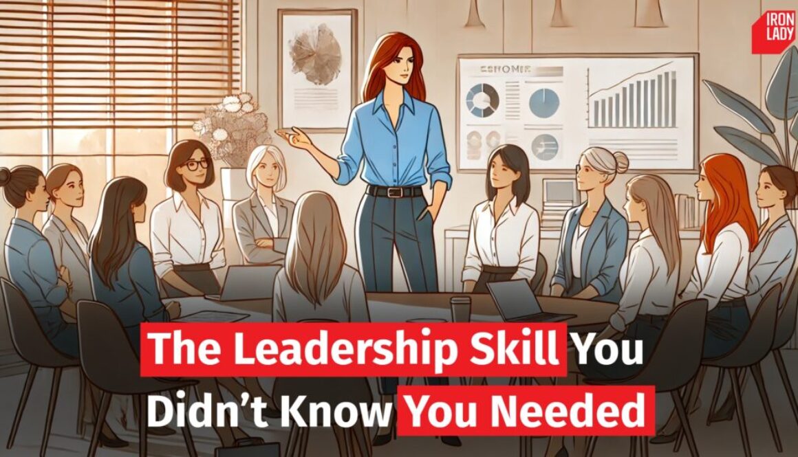 Illustration of a confident woman leading a meeting with a diverse group of professionals seated around a table.