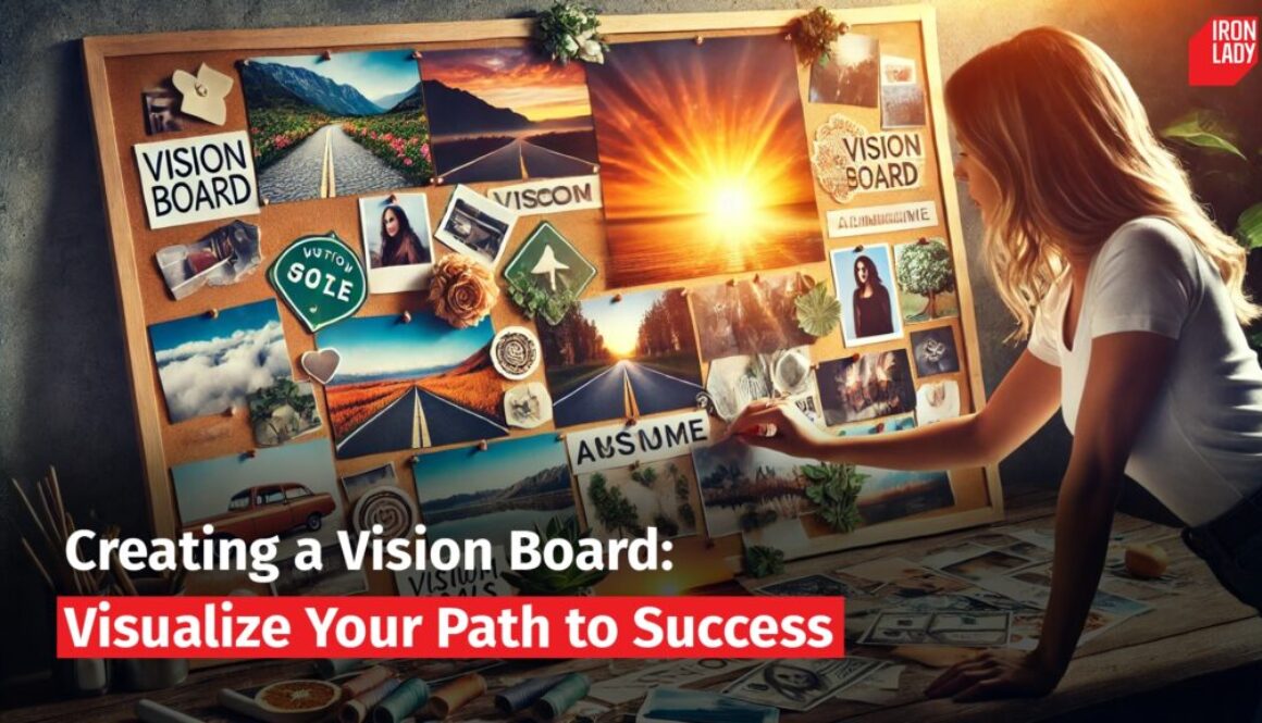 A woman creating a vision board filled with images of goals, nature, and inspirational visuals, symbolizing the process of visualizing and planning a path to success