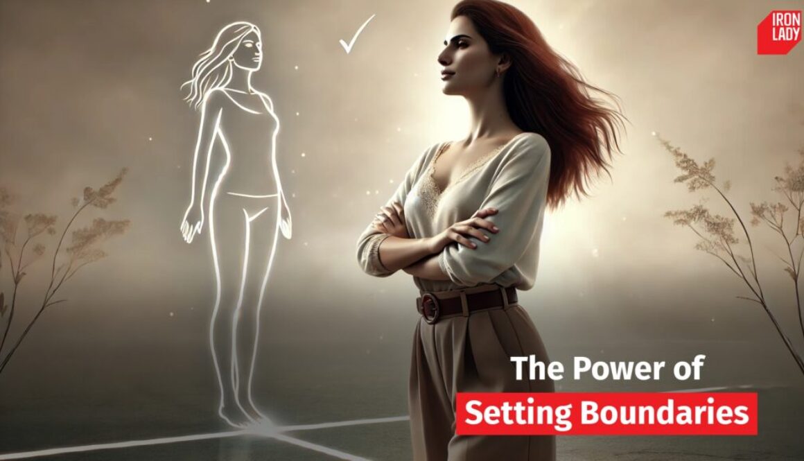 A confident woman standing with her arms crossed, facing an illuminated outline of herself in a powerful stance, symbolizing the strength and clarity gained from setting personal boundaries. The image emphasizes resilience and self-assurance, with a warm background and delicate plants, conveying growth and empowerment