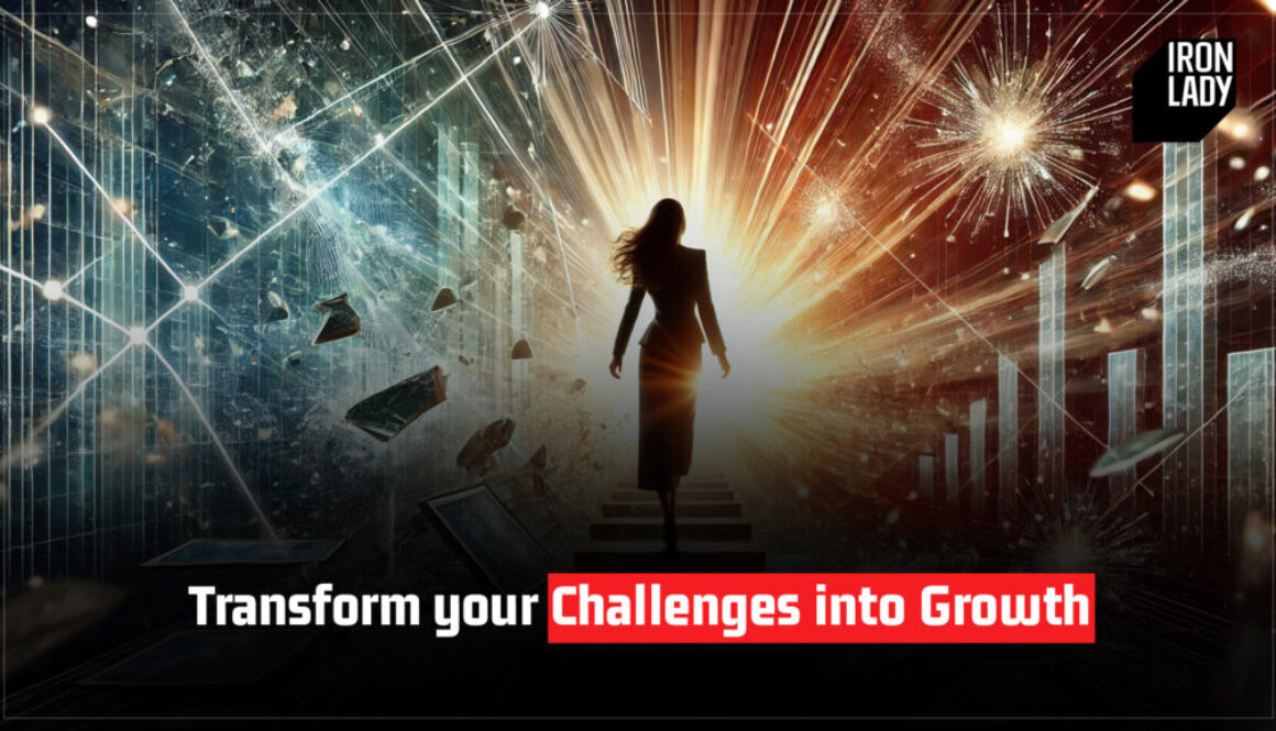 A silhouette of a woman confidently walking towards a radiant light, symbolizing breaking through barriers, with shattered glass and rising bar graphs in the background representing growth and success