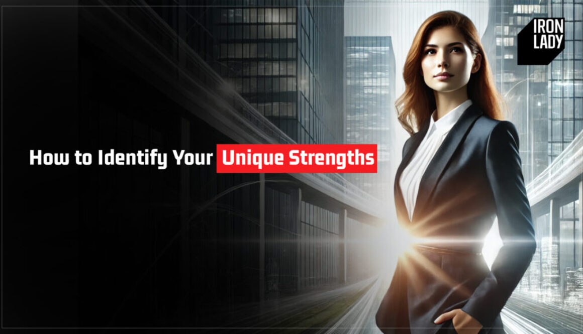 Confident professional woman in a business suit standing in a modern cityscape, symbolizing self-discovery and identifying unique strengths.