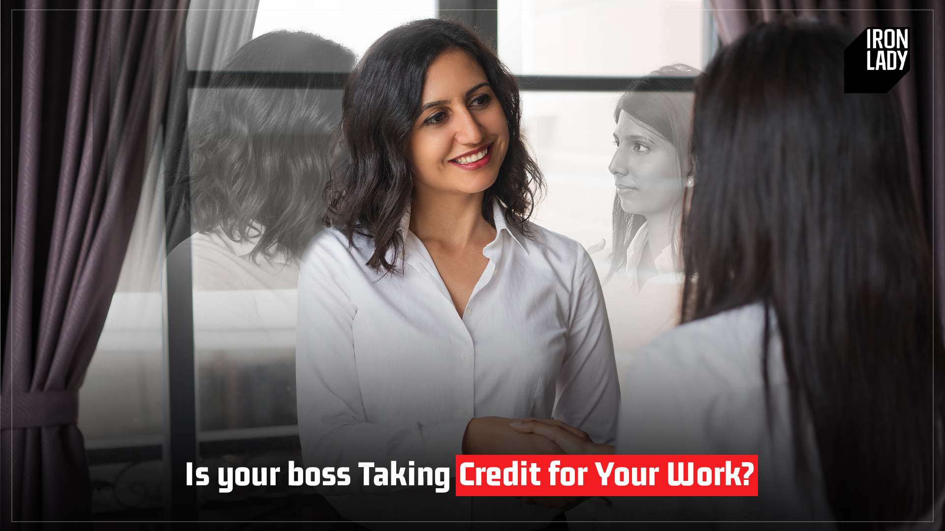 Professional woman confidently addressing workplace credit issues, representing empowerment and leadership solutions.