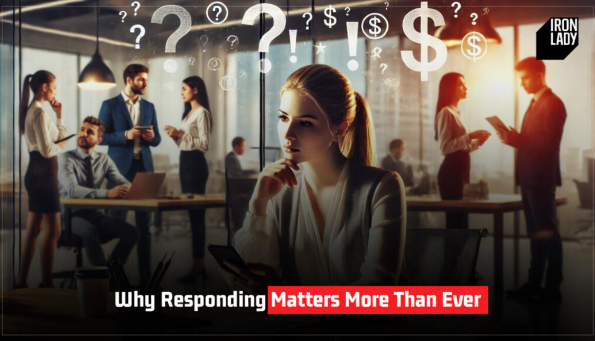 "A professional woman deep in thought, surrounded by question marks and exclamation points, in a bustling office setting, symbolizing the importance of thoughtful responses in high-pressure situations.