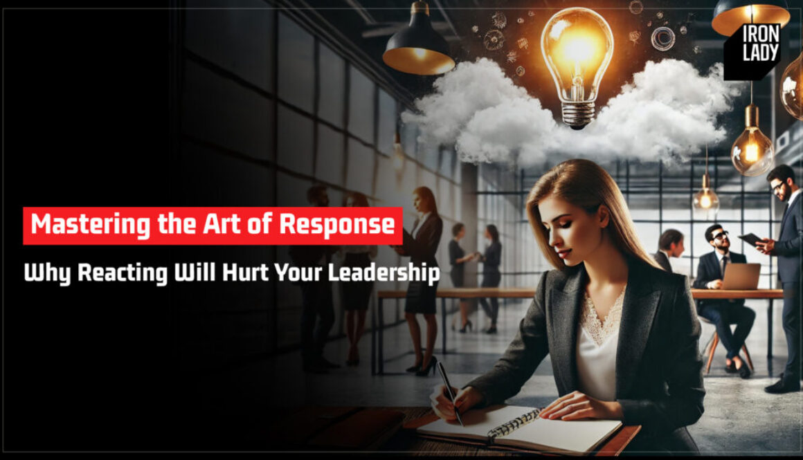 Professional woman thoughtfully writing in a notebook with a light bulb glowing above, symbolizing the art of response and strategic leadership.