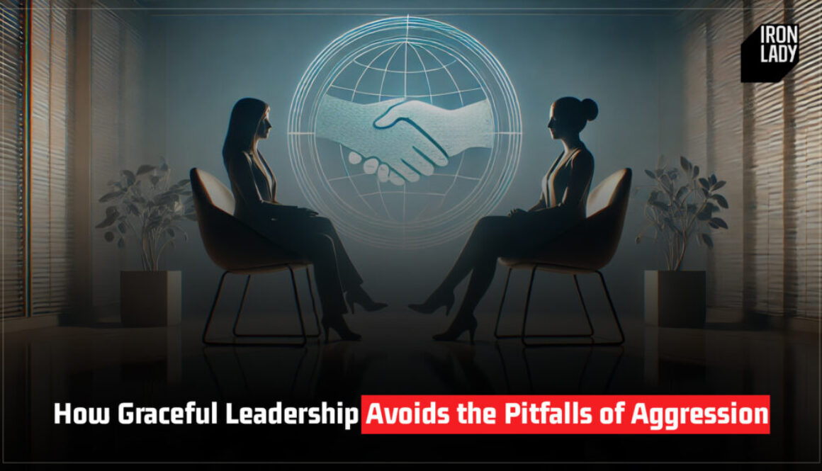 Two professional women seated in a poised conversation with a handshake symbol in the background, representing graceful leadership and collaboration.