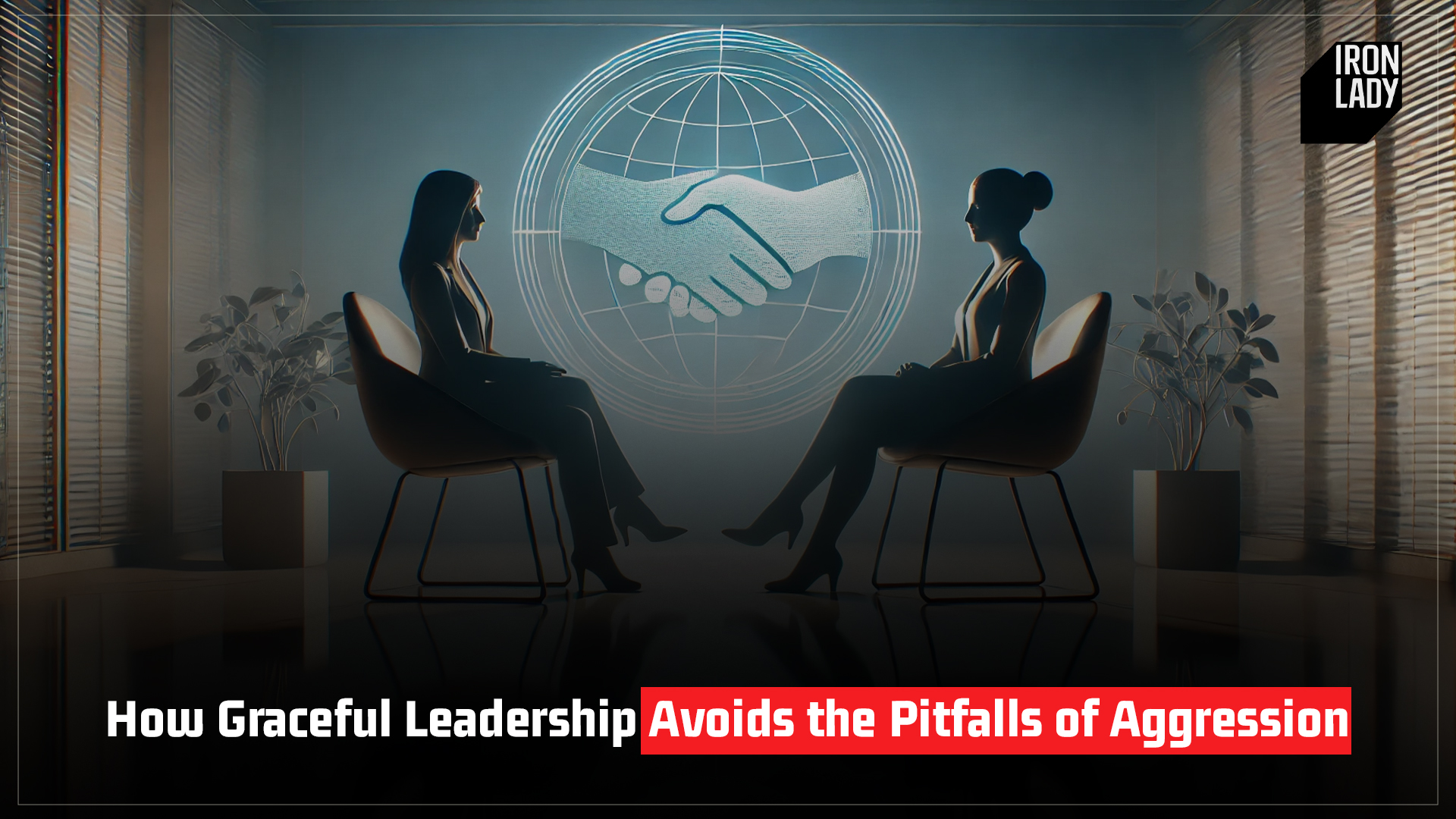 Two professional women seated in a poised conversation with a handshake symbol in the background, representing graceful leadership and collaboration.