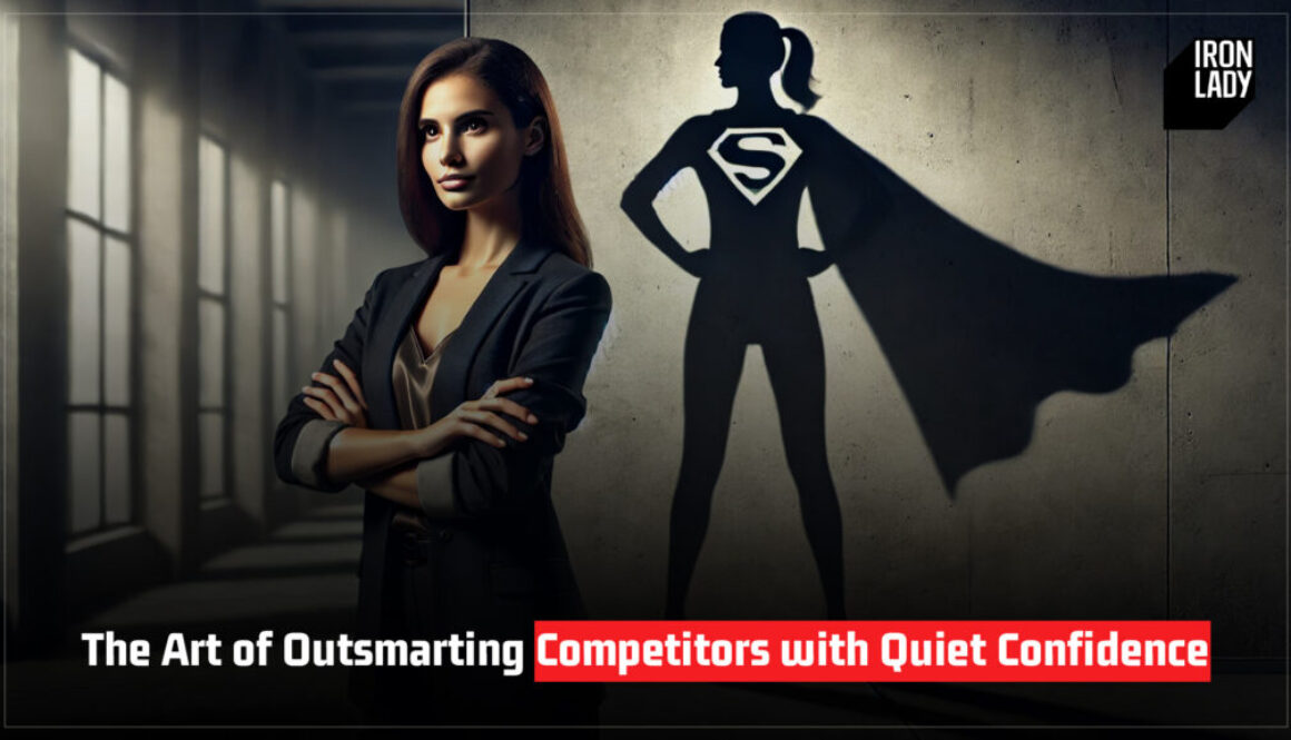 Confident woman in a business suit standing tall, her shadow forming the shape of a superhero with a cape, symbolizing quiet confidence and strategic leadership.