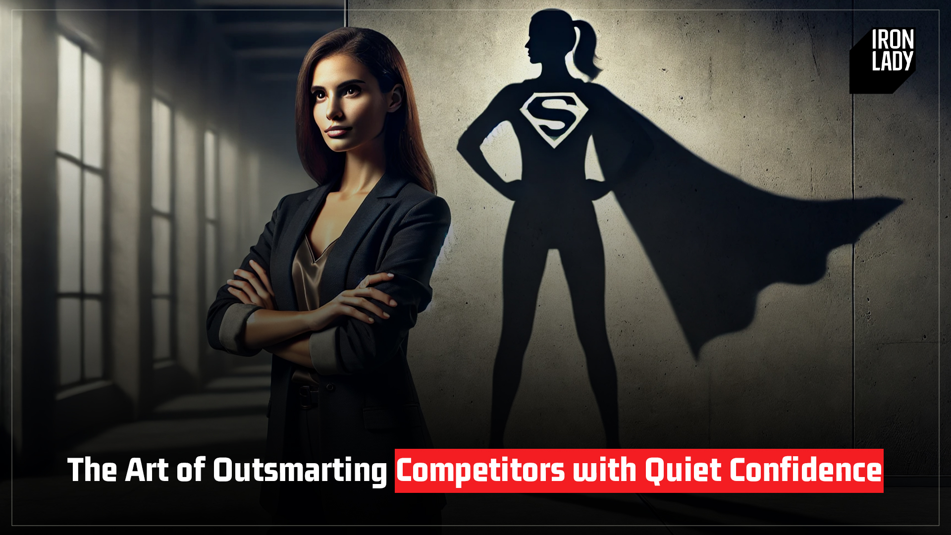 Confident woman in a business suit standing tall, her shadow forming the shape of a superhero with a cape, symbolizing quiet confidence and strategic leadership.