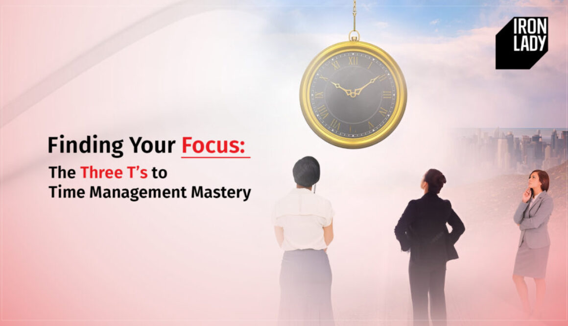 Finding Your Focus: The Three T’s to Time Management Mastery," with the Iron Lady logo in the top-right corner.