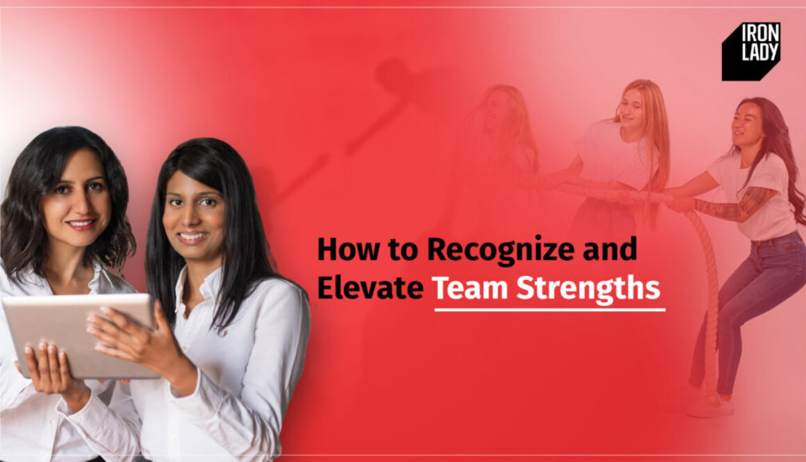 Two professional women smiling and holding a tablet, with a background of a team playing tug-of-war, symbolizing teamwork and the importance of recognizing and elevating team strengths.