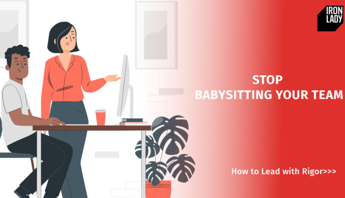 An illustration of a confident leader guiding a team member at a desk, symbolizing the shift from micromanaging to leading with rigor.