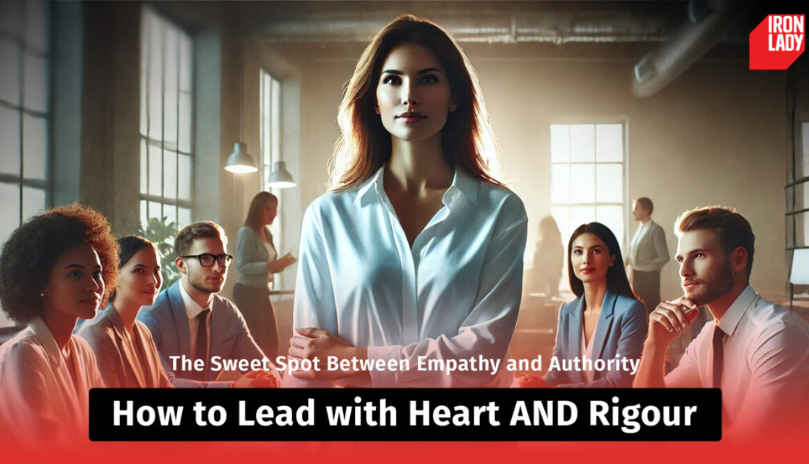 A confident woman leader standing in a boardroom with a diverse group of professionals seated around her, highlighting leadership that blends empathy and authority.