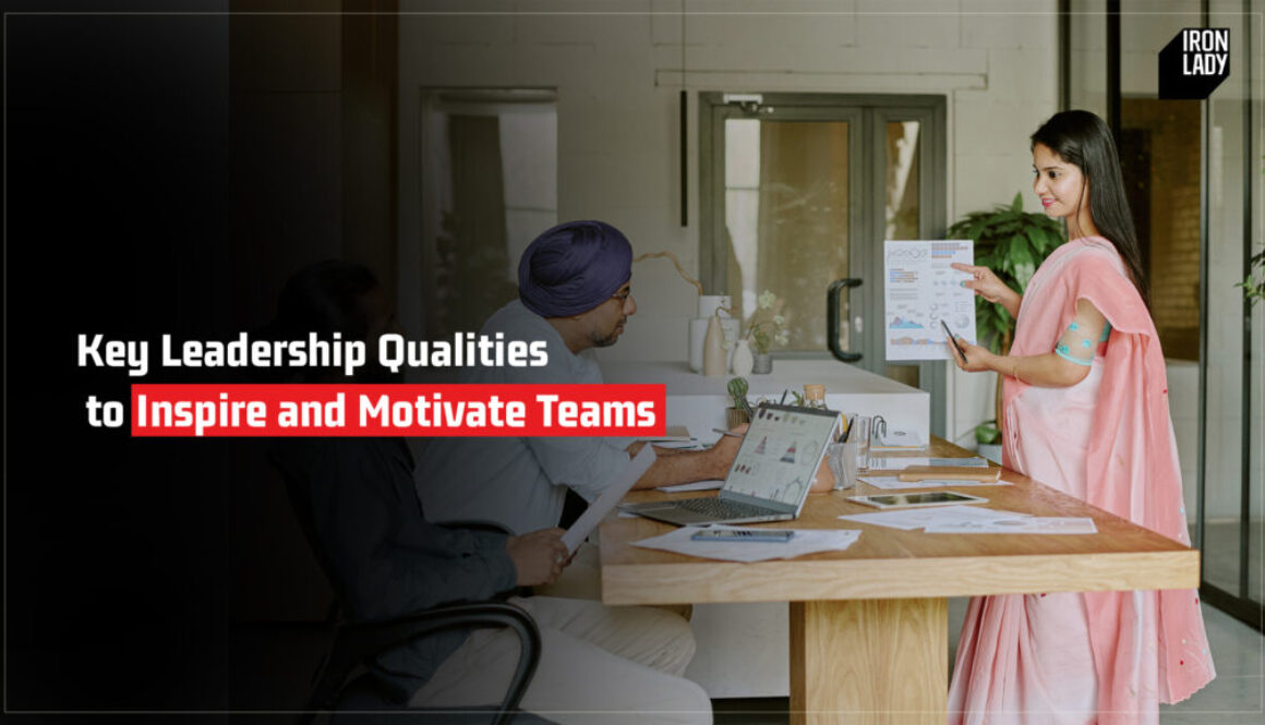 A woman in a pink saree presenting leadership strategies to inspire and motivate teams, engaging with colleagues in a professional setting, with Iron Lady branding in the background.