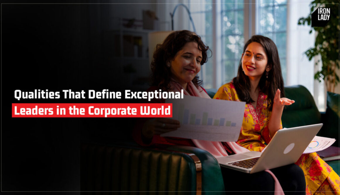 Two women discussing leadership strategies in a corporate setting, analyzing graphs and reports on a laptop, showcasing qualities of exceptional leaders in the corporate world, with Iron Lady branding in the background.