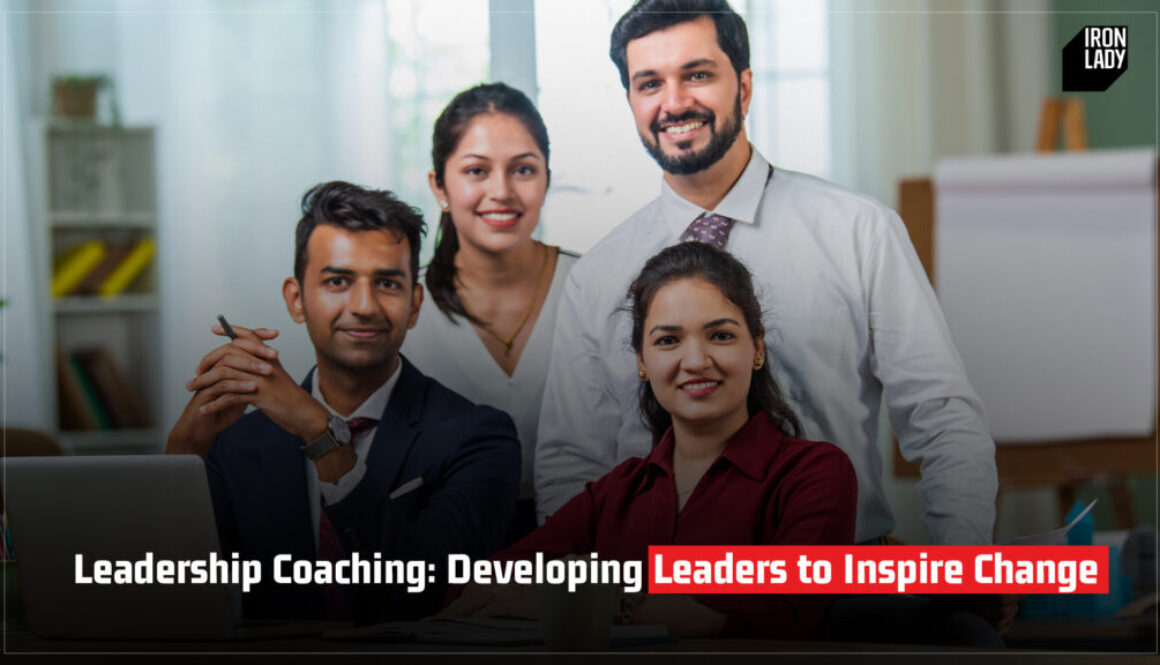 A group of confident professionals in a corporate setting, showcasing the impact of leadership coaching in developing leaders who inspire change, with Iron Lady branding in the background.