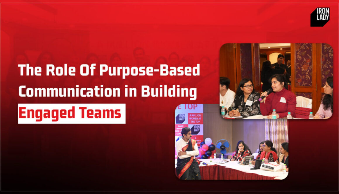 Collage of professional women engaging in discussions during a leadership workshop, highlighting the role of purpose-based communication in building engaged teams.