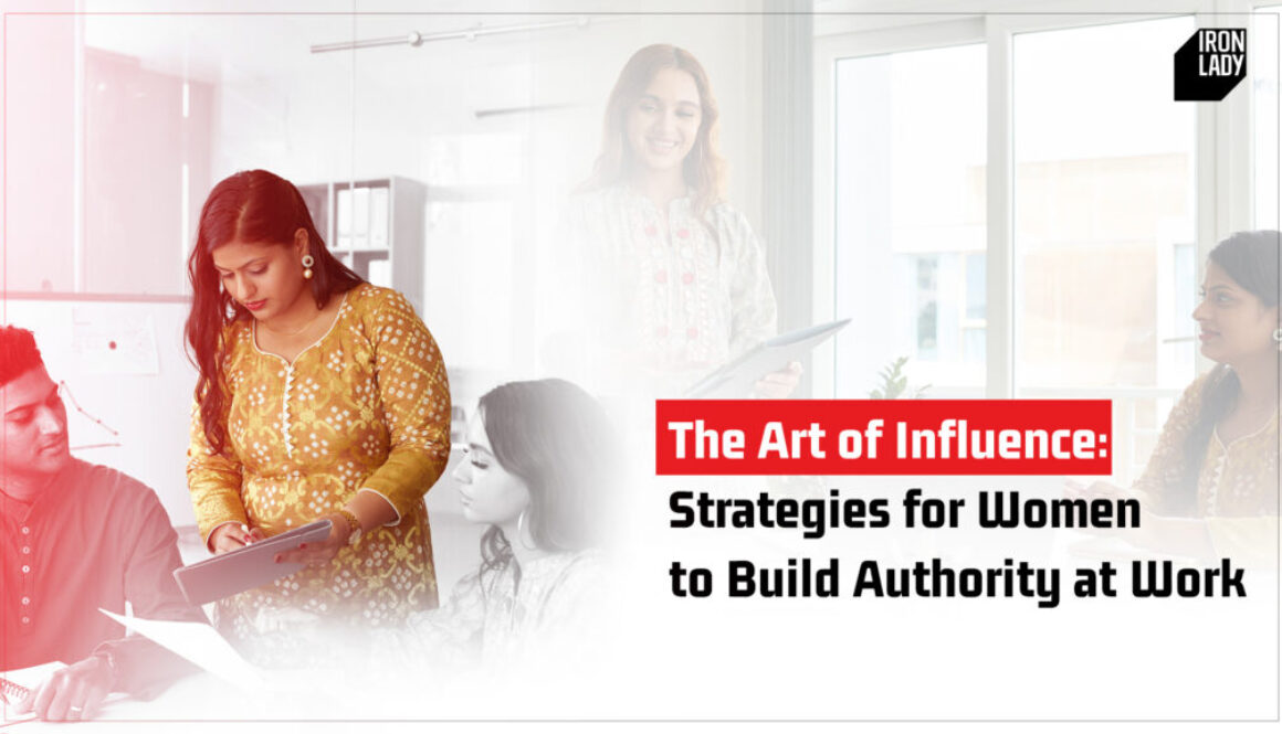 A professional woman in a gold outfit leads a discussion in a corporate setting, engaging with colleagues using a tablet. The image represents women's leadership, workplace influence, and authority-building strategies.