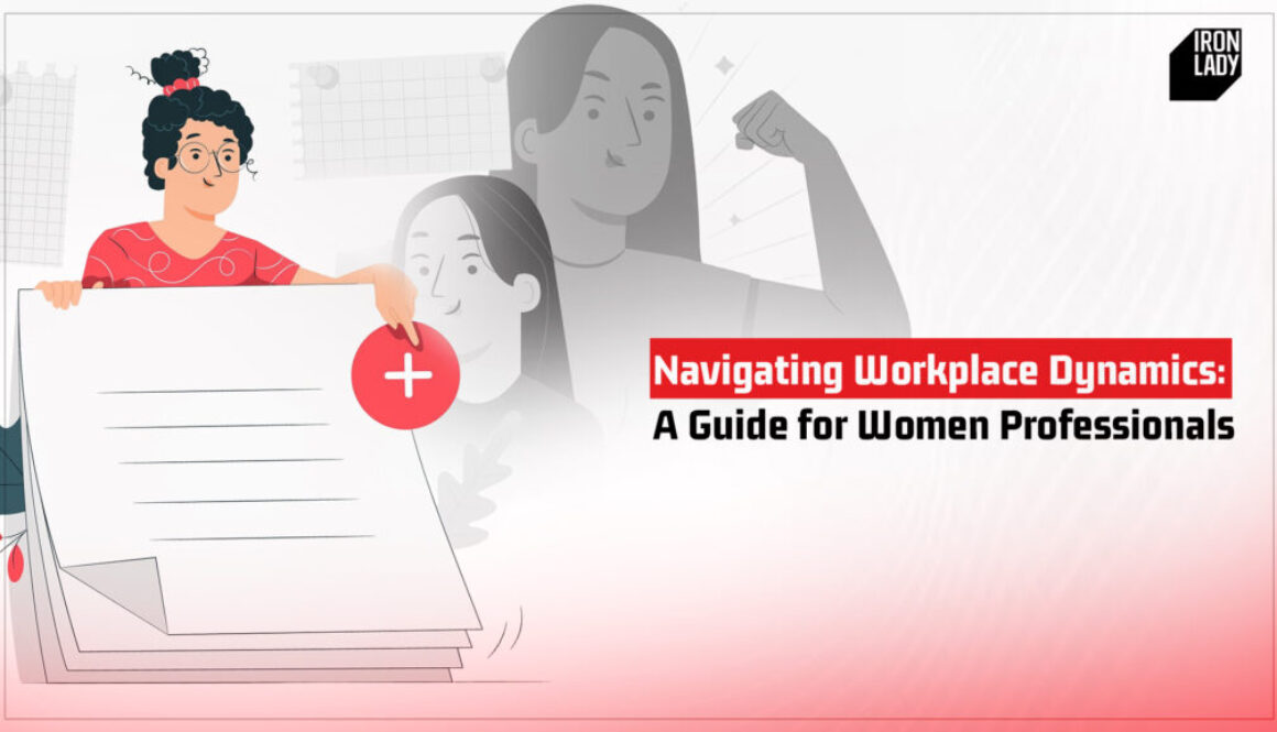 Illustration of a confident woman holding a document with a plus symbol, representing workplace strategies for women professionals. Background features female figures symbolizing empowerment and leadership.