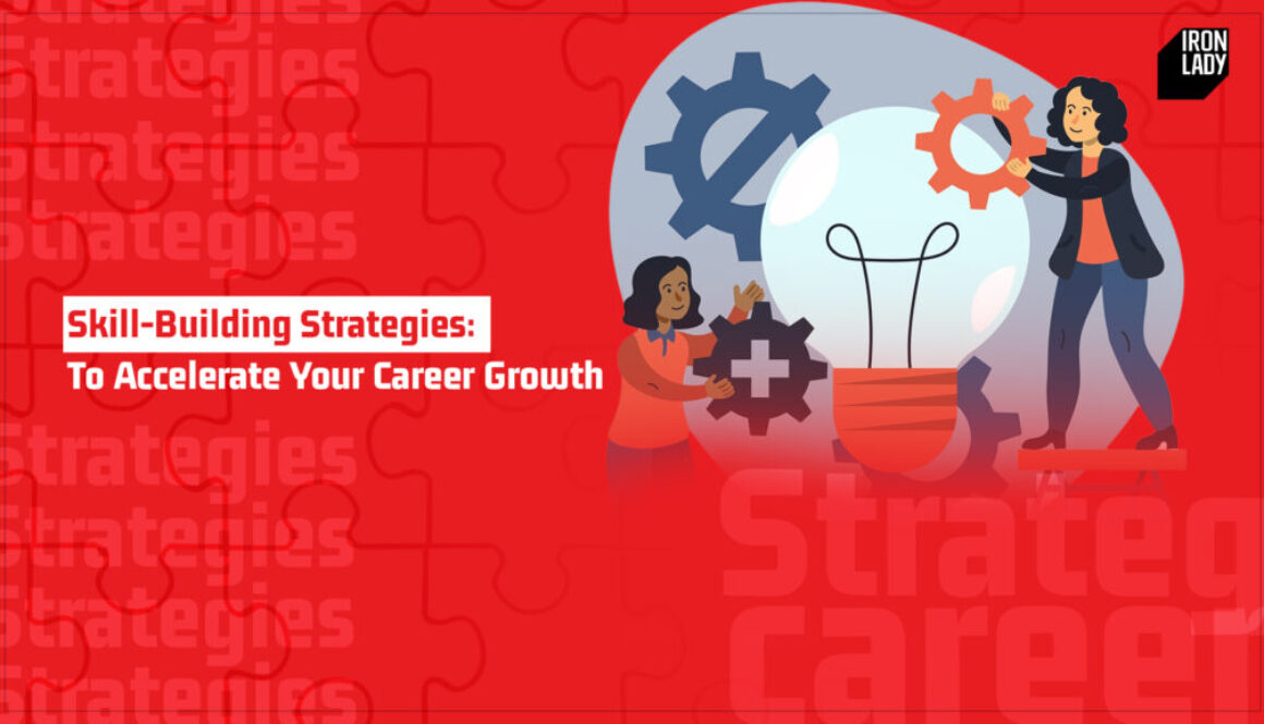 Illustration of two women assembling gears near a large lightbulb, symbolizing career growth, skill development, and strategic problem-solving.