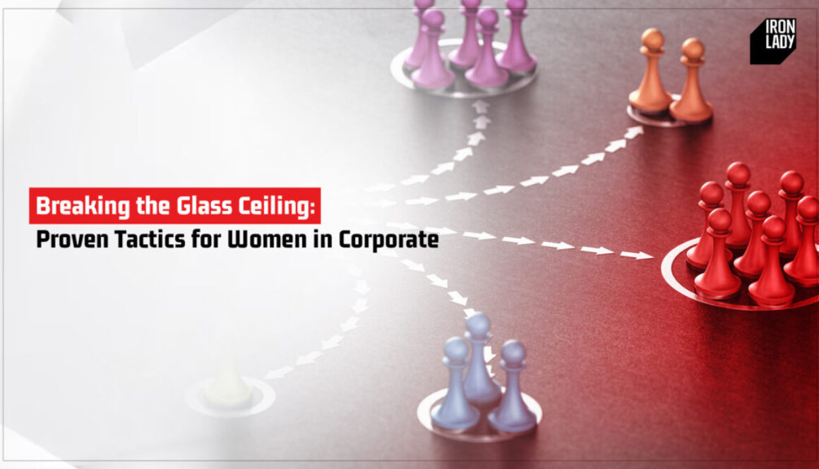 Strategic board game representation with colorful chess pawns symbolizing women breaking through barriers in corporate leadership. Arrows indicate different career paths and growth opportunities.