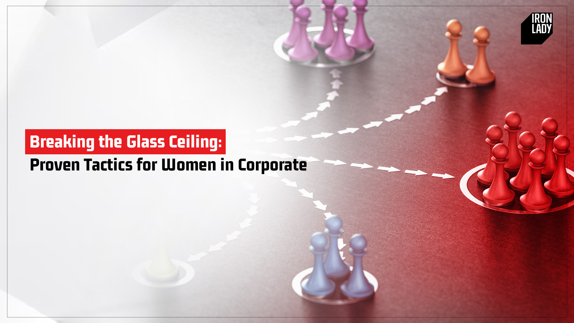 Strategic board game representation with colorful chess pawns symbolizing women breaking through barriers in corporate leadership. Arrows indicate different career paths and growth opportunities.