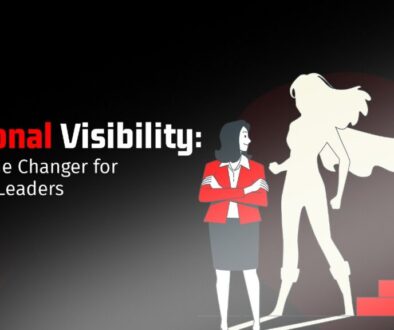 An illustrated woman in a business suit with arms crossed, looking at a larger-than-life superhero silhouette of herself with a cape, symbolizing personal visibility and leadership growth.