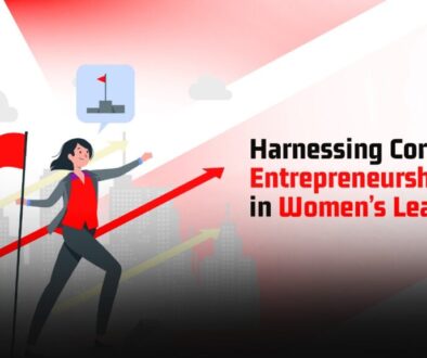 An illustrated woman in a corporate suit carrying a red flag, confidently stepping upward on a rising arrow, symbolizing growth and leadership. The background features a city skyline with progress indicators.